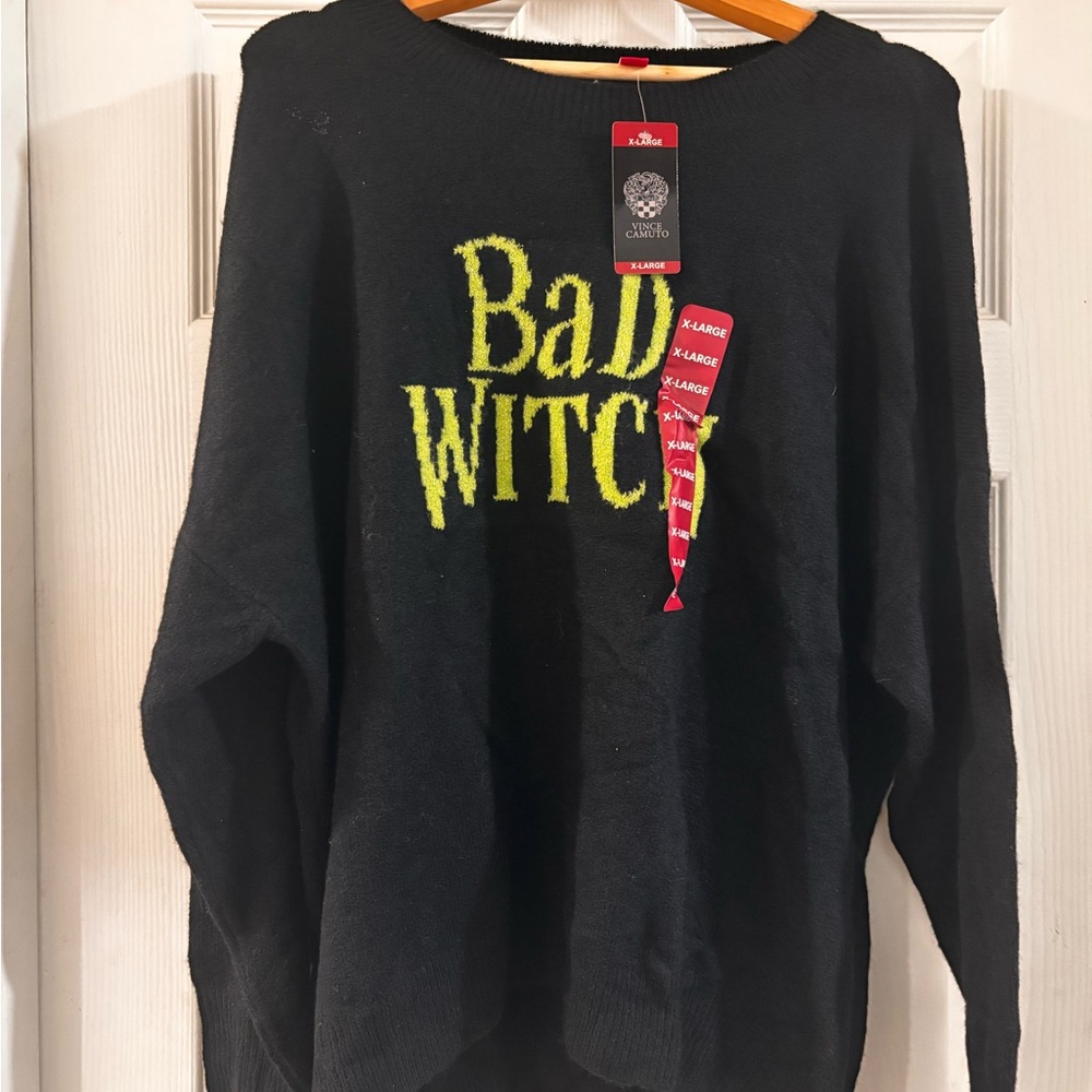 Vince Camuto Black Sweater with Yellow 'Bad Witch' Design